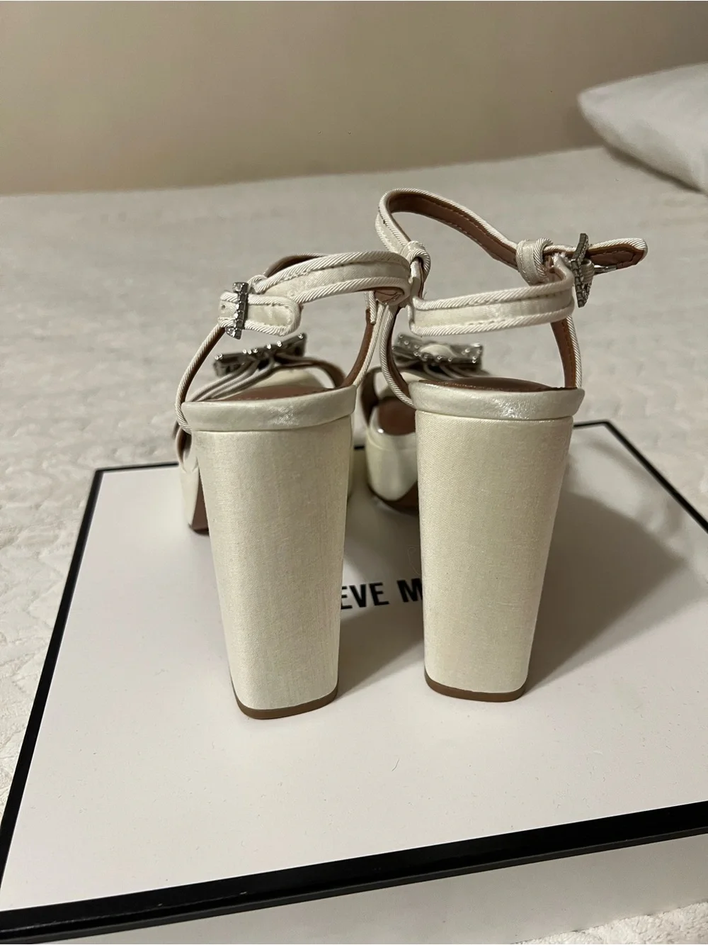 Steve Madden Ivory Satin Block Heel Sandals with Crystal Buckle